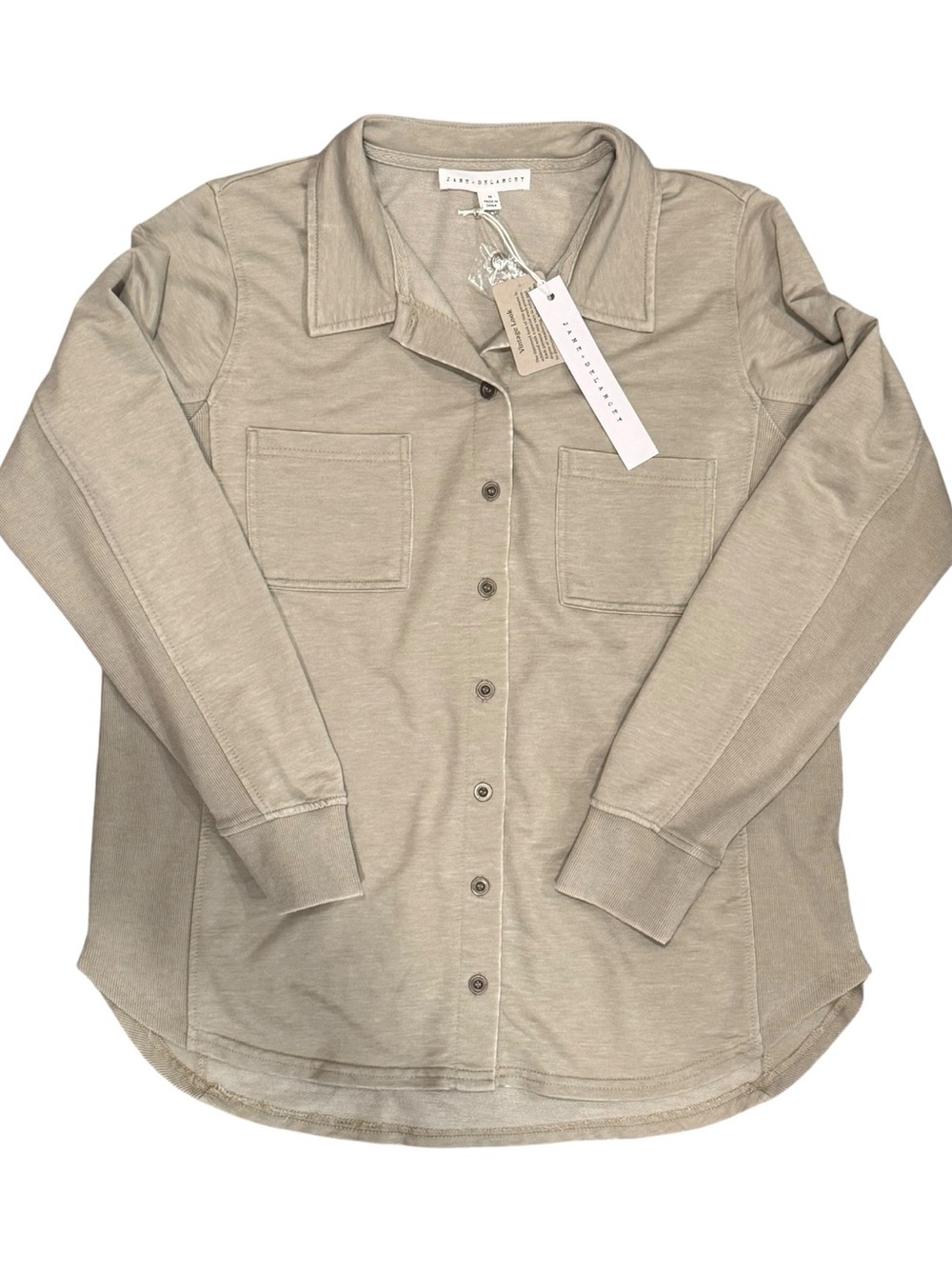 Jane + Delancey Terry Knit Button Down Shirt Shacket Tan Beige Medium NWT - Picture 2 of 10